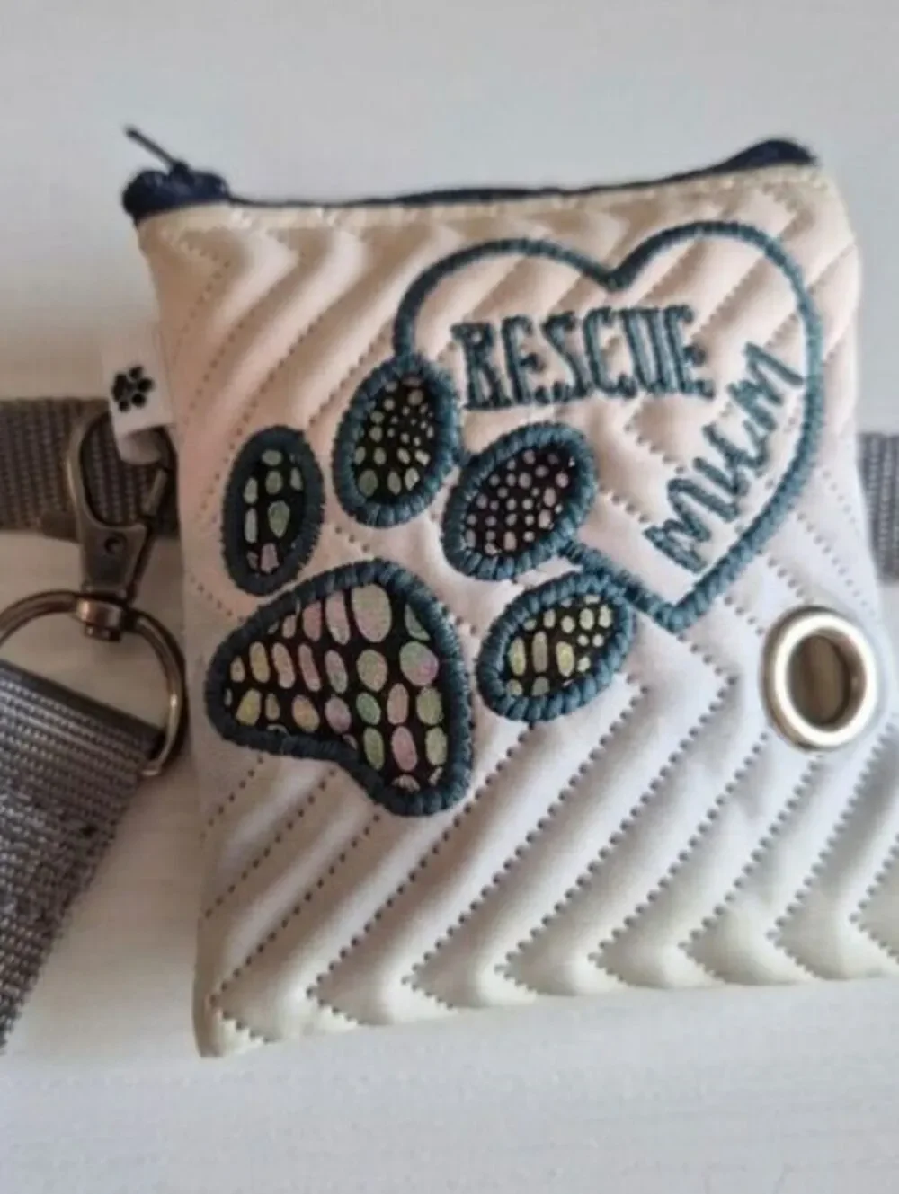 Embroidered rescue mum and dog paw print dog poop bag with gormmet and clasp